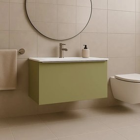 Base portalavabo Pixel 1 cassetto con frontale plain laccato opaco verde salvia e maniglia alluminio brillante L80 x H40 x P45,5 cm