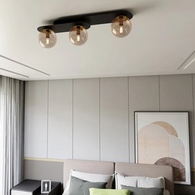 Plafoniera Minimal 3 Luci Teia In Acciaio Nero E Sfere Vetro Ambra