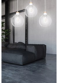 Lampadario 3 Luci Morgana Paralumi A Gabbia In Acciaio Bianco E Legno Naturale