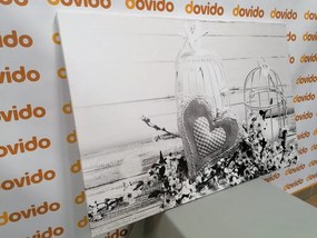 Stampa su tela – Cuoricino vintage e lanterne in bianco e nero