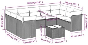 Set divani da giardino 10pz con cuscini in polyrattan nero