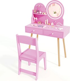 Costway Set da trucco per bambini con specchio illuminato, Set da tavolo e sedia da principessa con ripiano aperto 2 Colori