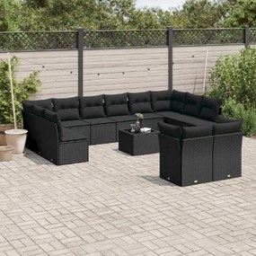 Set divani da giardino 13pz con cuscini nero in polyrattan