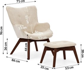 Poltrona con poggiapiedi beige con rivestimento in velluto a coste Niko – Ropez