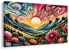Quadro su tela – Paesaggio luminoso con fiori e sole