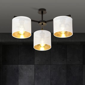 Plafoniera Industrial 3 Luci Cigno In Acciaio Bianco E Paralumi A Cilindro Oro