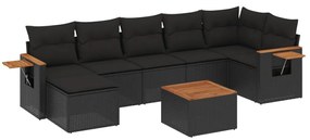 Set divani da giardino con cuscini 8 pz nero in polyrattan