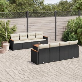 Set divani da giardino 9 pz con cuscini nero in polyrattan