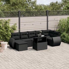 Set divani da giardino con cuscini 8 pz nero in polyrattan