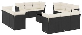 Set divani da giardino 13pz con cuscini nero in polyrattan