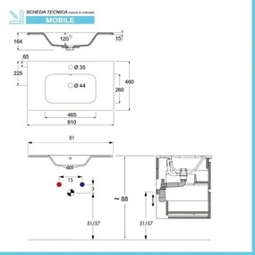 Mobile bagno sospeso 80 cm in legno tabacco e tortora con 2 cassetti, lavabo e specchio Smok