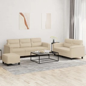 Set Divani 3 Pz Con Cuscini Crema İn Tessuto Microfibra /