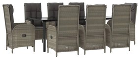 Set da pranzo giardino 9pz con cuscini nero e grigio polyrattan