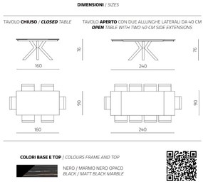 Tavolo cucina allungabile 240 cm piano grčs porcellanato Nero JACKY