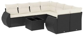 Set divani da giardino 9 pz con cuscini nero in polyrattan