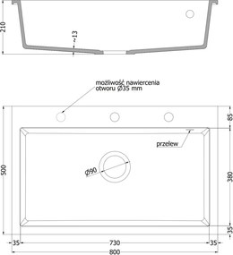 Mexen Elix lavello in granito 1-vasca 800 x 500 mm, nero, sifone cromato - 6527801005-77