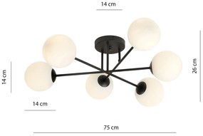 Plafoniera Moderna Morrigan 6 Luci In Acciao Nero E Sfere In Vetro Bianco