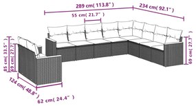 Set divani da giardino 10pz con cuscini in polyrattan nero