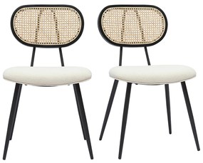 Sedie design in tessuto effetto lana bouclé bianco crema, metallo nero e motivo a intreccio rattan naturale (set di 2) TOLMA