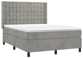 Letto a molle materasso e led grigio chiaro 140x190 cm velluto