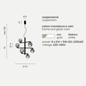 Lampada a sospensione GIZAH a 6 luci in metallo con diffusori in vetro soffiato ORO