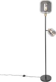 Lampada da terra nera con oro e vetro fumé 2 luci - Zuzanna