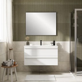 Mobile Linea L100 H55 P45 laccato bianco opaco 2 cassetti a chiusura ammortizzata e lavabo mineralmarmo bianco opaco vasca centrale