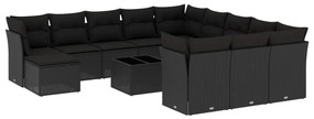 Set divani da giardino 13pz con cuscini nero in polyrattan