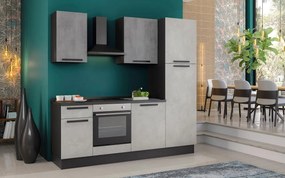 Cucina montata Dora bianco e grigio chiaro, lavello a sinistra, L.225 cm, completa di: cappa a camino, piano cottura a induzione, forno e frigorifero