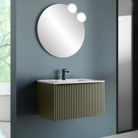 Mobile bagno sospeso 70 cm verde opaco cannettato con cassetto, specchio e lavabo Nara