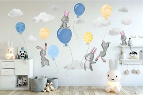 Grande adesivo da parete blu-giallo con coniglietti e palloncini 100 x 200 cm