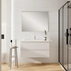 Mobile Pull L100 H55 P45 bianco opaco laccato 2 cassetti a chiusura ammortizzata e lavabo in ceramica vasca centrale, piedini non inclusi