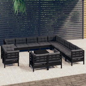 Set divani da giardino 14 pz con cuscini neri legno di pino