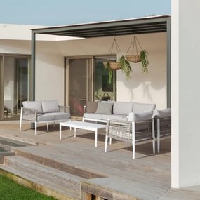 Salotto in corda da esterno tortora e bianco con tavolino e cuscini Calypso Bizzotto
