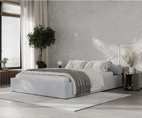 Letto matrimoniale imbottito grigio chiaro con contenitore e rete inclusi 140x200 cm Solvo – Maison de Rêve