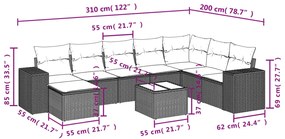 Set divano da giardino 9pz con cuscini grigio chiaro polyrattan