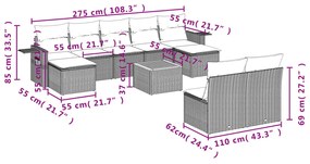 Set Divani da Giardino 10pz con Cuscini in Polyrattan Nero