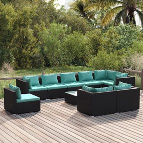 Set Divani da Giardino 10 pz con Cuscini in Polyrattan Nero