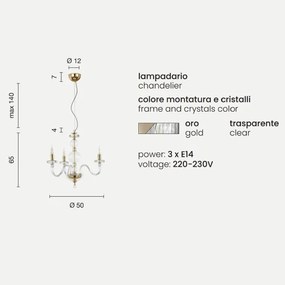 Lampada a sospensione BACH senza paralume in vetro trasparente 3 LUCI ORO