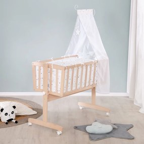 Culla di colore naturale in faggio massiccio con ruote e baldacchino 40x90 cm – Roba