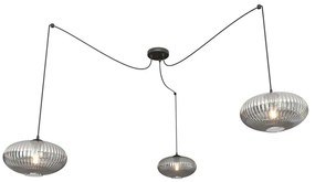 Lampadario 3 Luci Elios In Acciaio Nero Paralume Plissettato Fumè