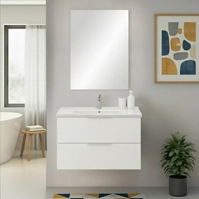 Mobile bagno sospeso 80cm bianco opaco con cassetti lavabo e specchio Elva