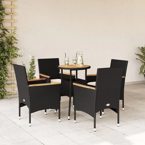 Set pranzo da giardino 5 pz con cuscini nero polyrattan acacia