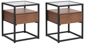 SALDI -  Set di 2 comodini con 1 cassetto - MDF, vetro temperato e metallo - Naturale scuro e nero - CAMATA