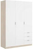 Guardaroba Dbarro, Mobile appendiabiti per camera da letto, Armadio a 3 ante battenti e 3 cassetti, 121x52h184 cm, Bianco e Rovere