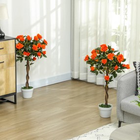 Set 2 Piante Artificiali Camelie con 21 Fiori per Interni con Vaso in PE Arancione...
