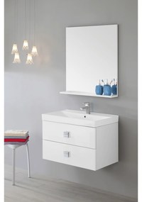 Mobile Bagno Sospeso 75 Cm Due Cassetti Specchio Con Mensola 74x80 Cm Feridras "Bravo" Bianco Lucido/Bianco Laccato