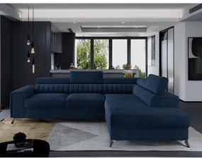 Divano angolare blu allungabile/con contenitore (con penisola a destra/a L) e rivestimento in velluto Laurence – ELTAP