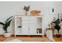 Madia credenza, 2 ante in vetro, 2 ante, 2 cassetti finitura bianco opaco e top in quercia, ZFRMC2AV24COQ