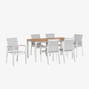 Set Tavolo Rettangolare Katiana In Alluminio E Legno Teak (160x90 Cm) E 6 Sedie Da Giardino In Alluminio Elvira Bianco - Sklum